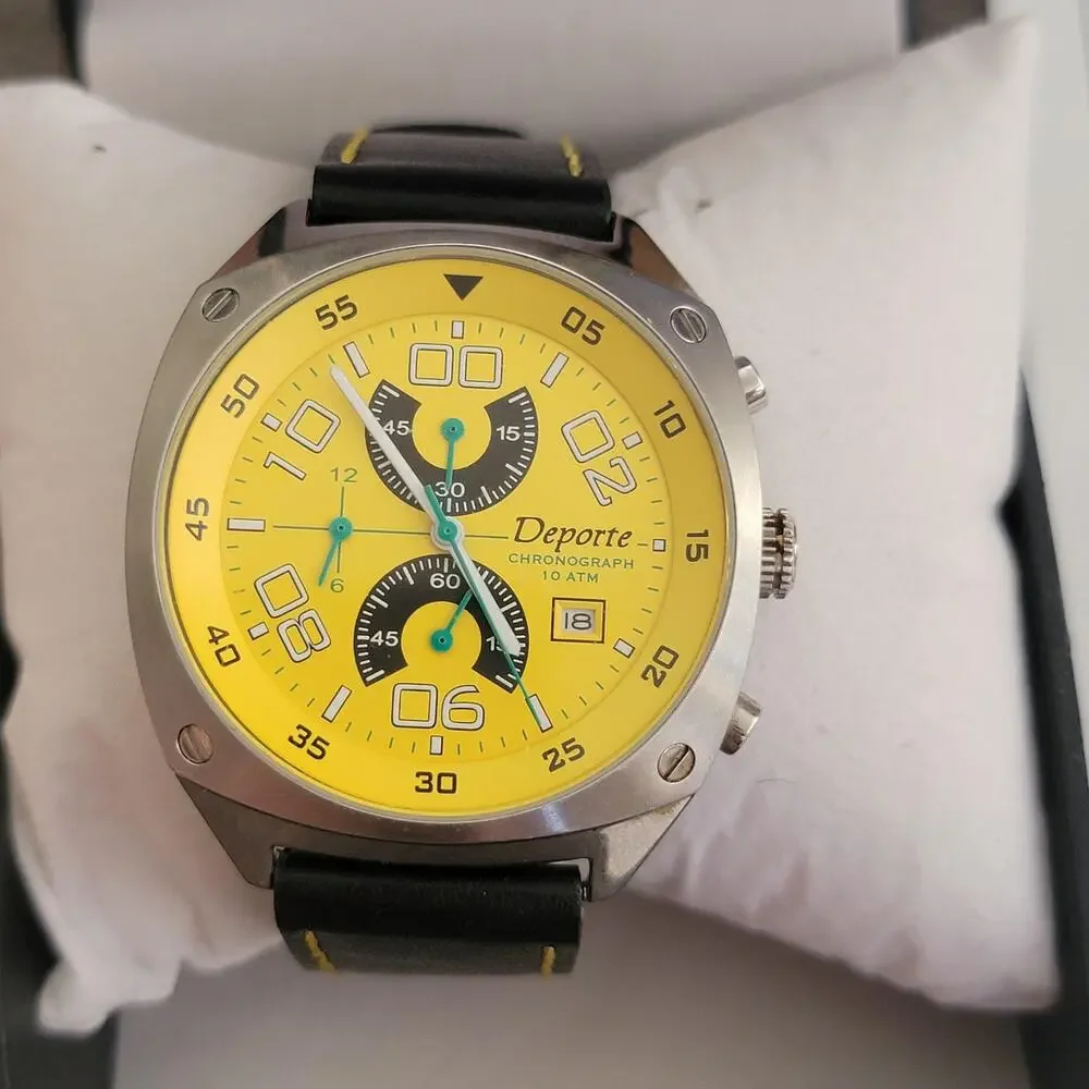 Vintage Deporte Mens Chronograph Watch Silver Yellow Dial Black Leather Quartz